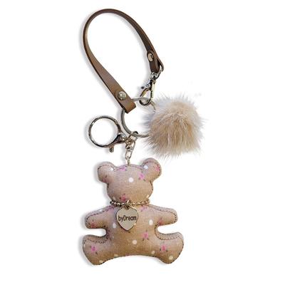 [byDream] Bear Keychain, Bear Bag Charm, Plush Bear Keychain with Fabric and Genuine Leather Strap, Real Mink Leather with Pompom, Stylish and Cute