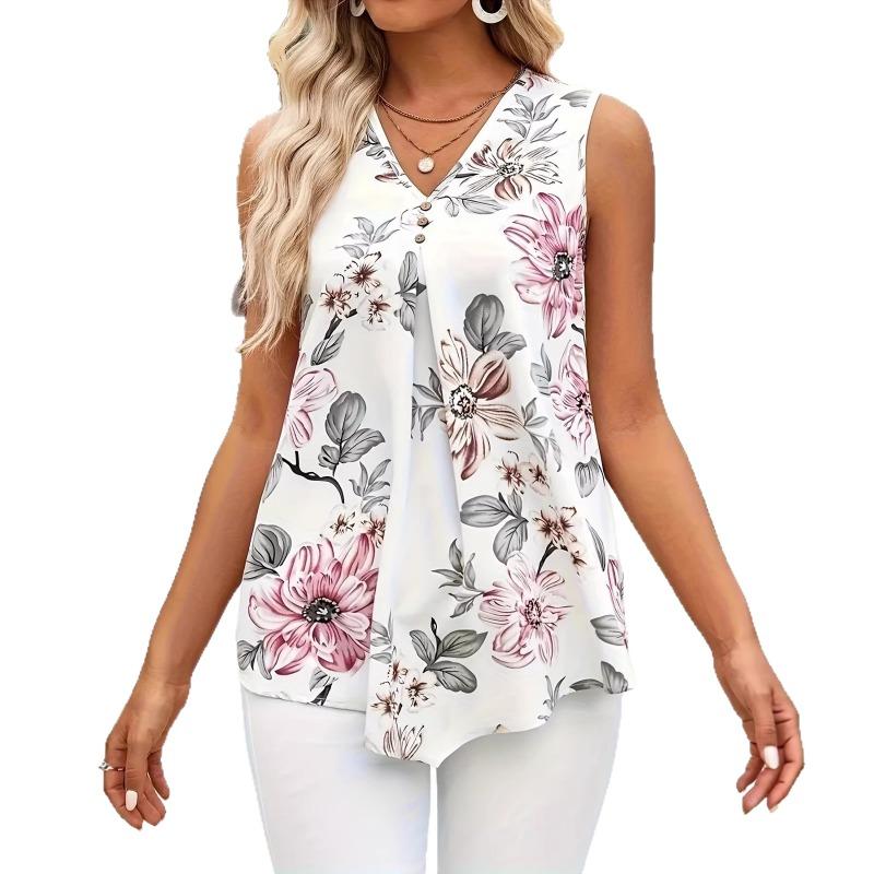 Women White Floral Print Sleeveless Blouse With V Neck And Button Detail Casual Summer Top
