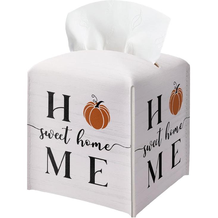 Floral Tissue Box Holder, Fall Florals Leather Tissue Box Cover Square, Autumn Facial Paper Organizer Dispenser Toilet Paper Holder for Bathroom