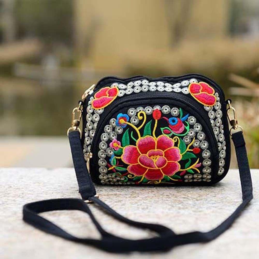 Peony Embroidery Flower Shoulder Bag Canvas Zipper Flower Purse Wallets  Daily