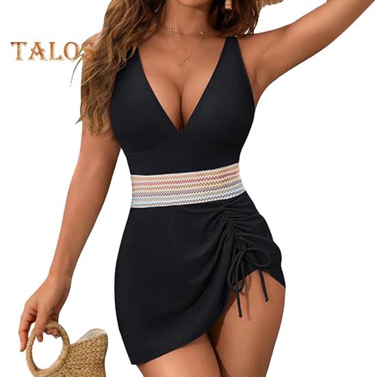 

Жіночий цільний купальник Tummy Control Slimming Modest Swim Dress Drawstring Bathing Suit Color Block Глибокий V-подібний виріз Купальники для пляжної вечірки біля басейну S чорний