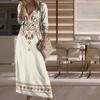 Women Spring Dress Ethnic Style Print V Neck Long Sleeve Bohemian Loose A-line Pullover Soft Breathable Ankle Length Daily Maxi Dress