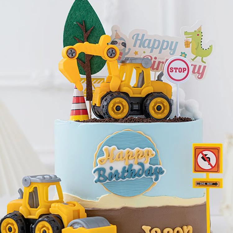 Construction Vehicle Cake Toppers: Excavator, Bulldozer, Roadblock Inserts, Figurines for Boys' Birthday