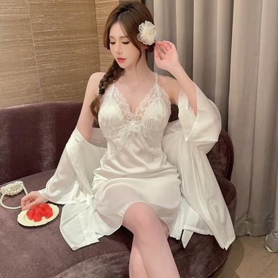 Spring and Summer Ice Silk Suspender Sexy Nightdress Women's Thin Silk Sex Pajamas Nightgown Loungewear Lace Two-piece Set