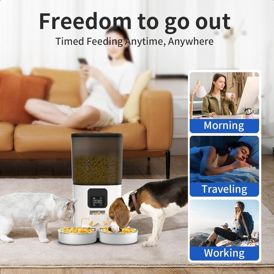 7L Automatic Cat Feeder for 2 Cats 2Way Splitter Timed Cat Dry Food Dispenser with 2 Bowls Programmable Control 112 Meals Dual