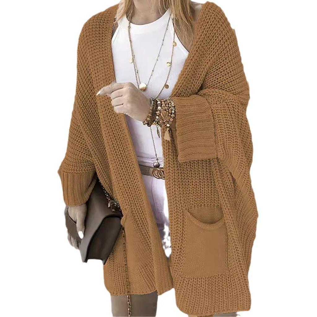 Women's Knit Pocket Cardigan Sweater - Solid Color, Loose Fit, Autumn/Winter Fashion
