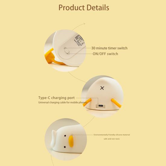 Night Light Lying Flat Duck Night Lamp Soft Warm LED Nightlight with Adjustable Brightness Portable Kids Bedside Toy Light Rechargeable Nursery Lamp