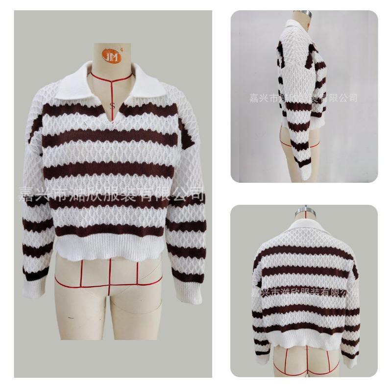 Women S Loose Striped Polo Neck Long Sleeve Knit Sweater