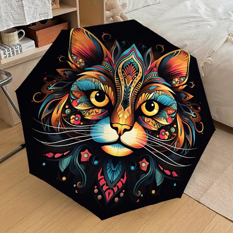 1pc Colorful Cat Face Artwork Fashionable Automatic Opening/Closing Folding Umbrella with 8 Iron Bones, Plastic Handle yy251015026