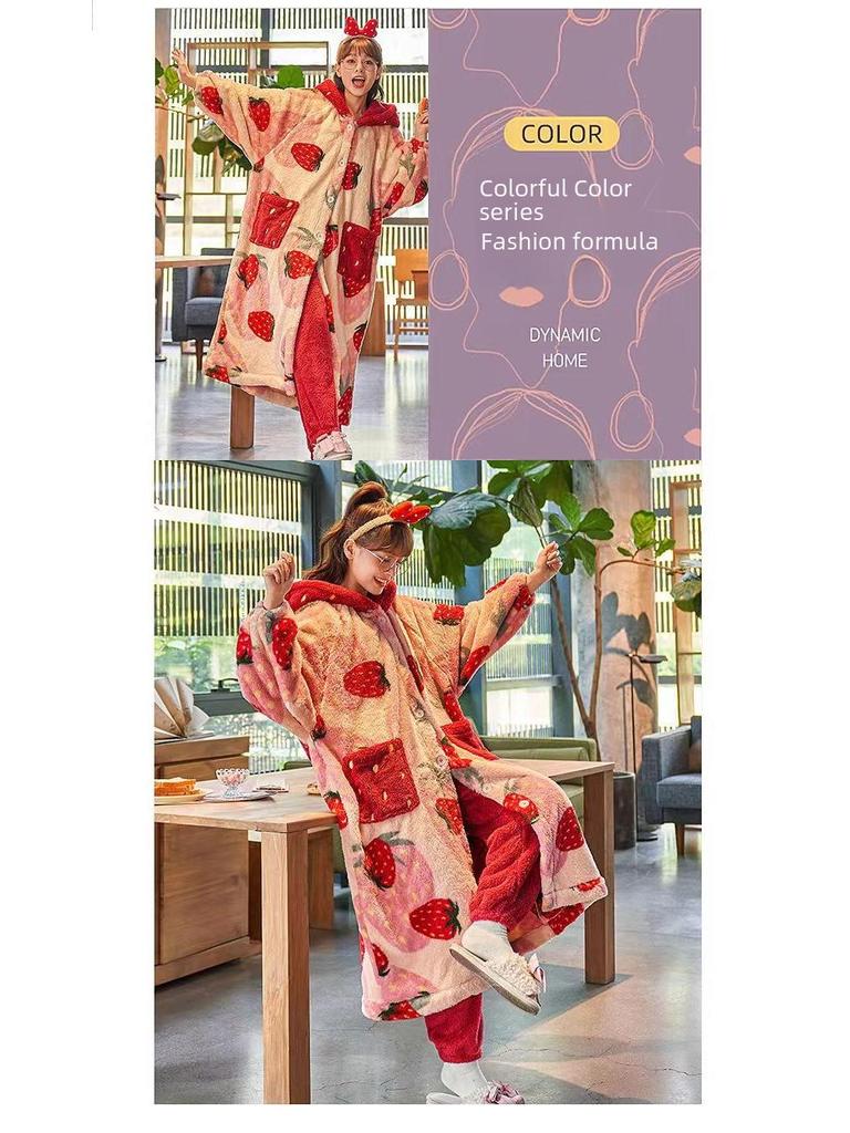 Ensemble Peignoir en Polaire Corail Épais Fraise Douce 2023 - Vêtements d'Intérieur Confortables