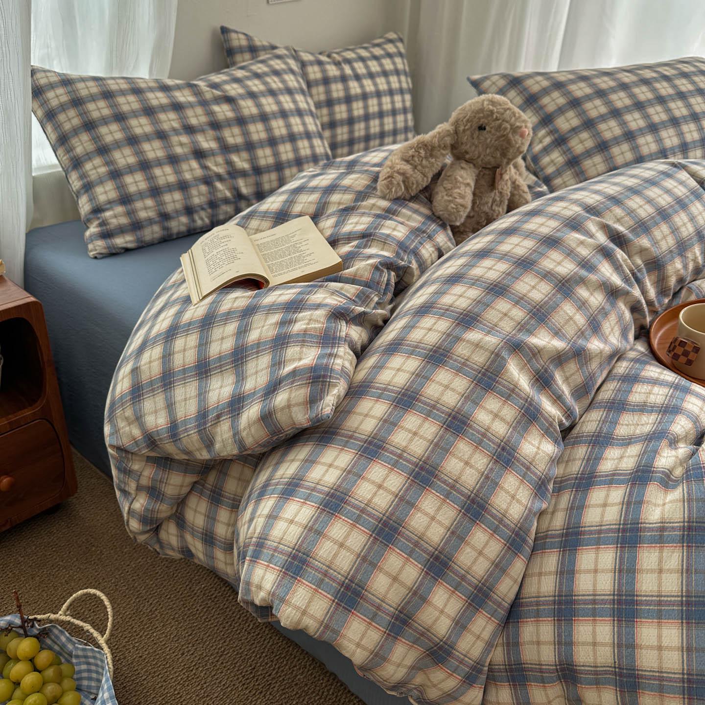 Muji Style Cotton Double Gauze Plaid Bedding Set: Duvet Cover, Bed Sheet & Skirt for Dorms 150x200cm Single Duvet Cover