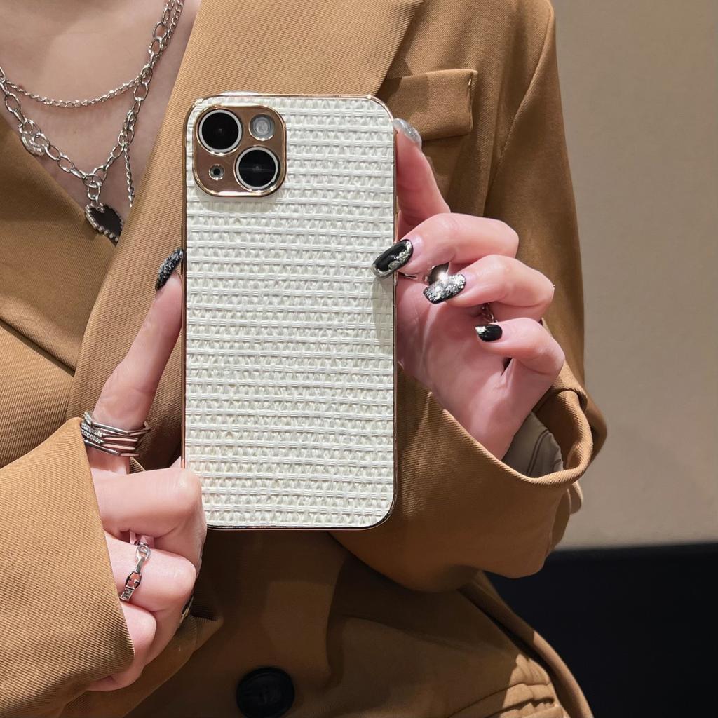 Niche Woven Leather Pattern Is Suitable for iPhone16Pro Max Apple 15 Mobile Phone Case 13/14 Electroplating Simple Solid Color