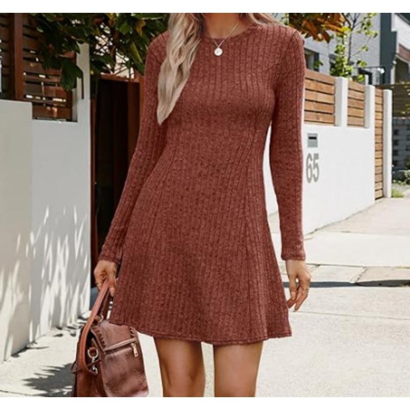 JKASHDK Women's Fashion Spring Fall Solid Color Print Long Sleeve O-Neck High Waist  Casual Dresses