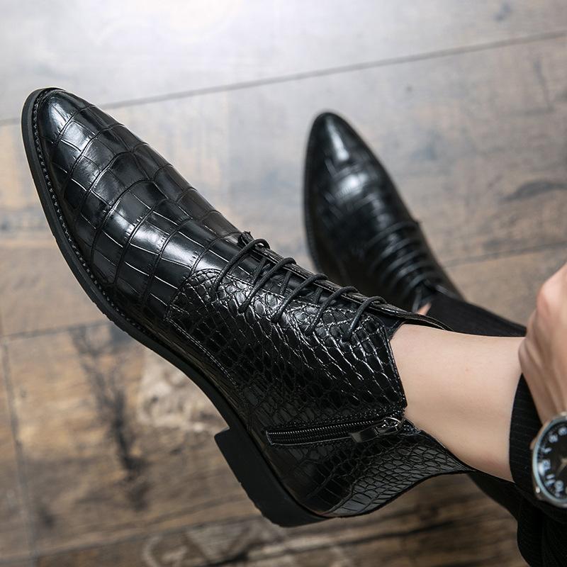 Men's Shoes Large Size New Leather Boots Fashion High Top Leather Boots Trend Crocodile Pattern Business Dress Martin Boots