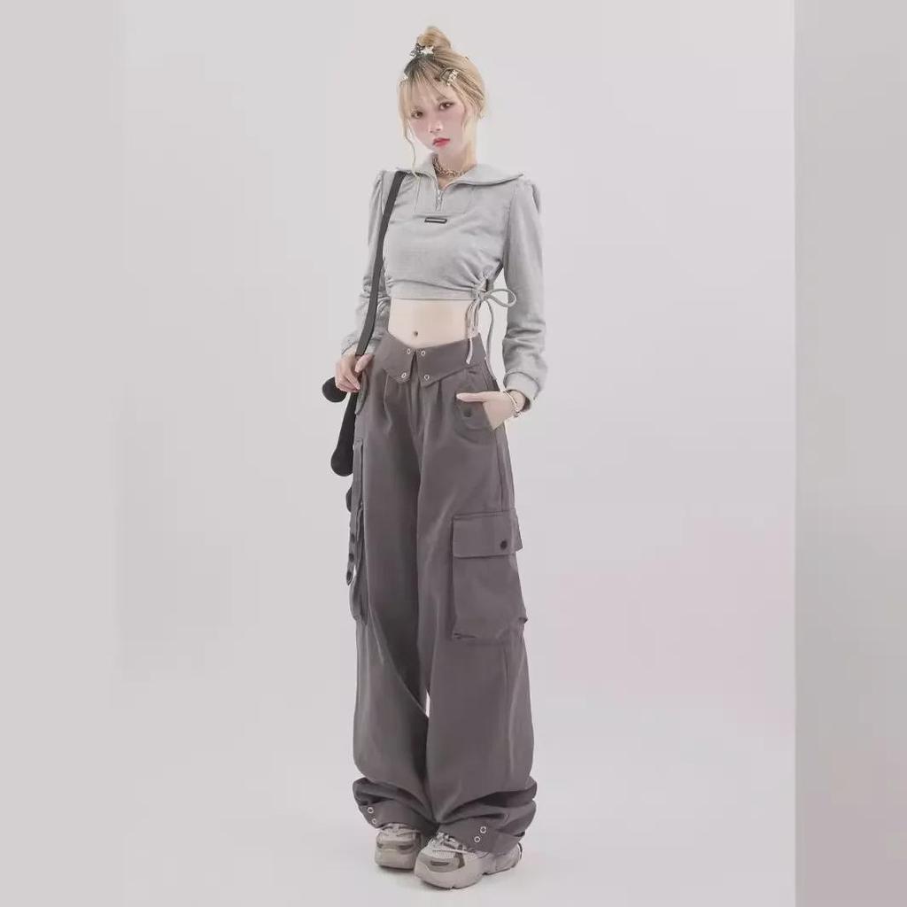 2024 Hong Kong-Style High-Waisted Slim Retro Overalls with Cuffed Design - Loose Fit Straight Pants for Spring and Fall