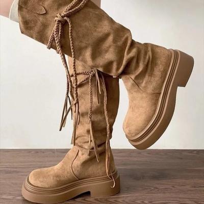 Shoes for Women 2024 Hot Sale Cross-tied Women's Boots Fashion Round Toe Modern Boots Women Winter Solid Knee-High Boots Zapatos