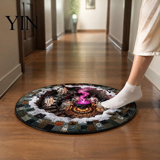 Soft Crystal Velvet Rug 3D Illusion Halloween Rug, Quilted Look Round Area Creepy Deep Pit Holiday Gift for Friends Design, Non-Slip Floor Mat Living