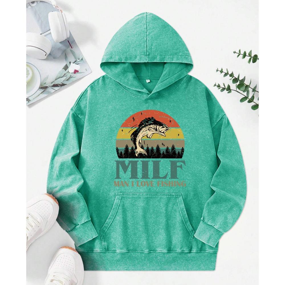 Ich liebe Angeln Retro-Print Damen Washed Hoodie Baumwoll-Hoodies Tasche Locker Streetwear Lässig Mehrfarbig Kapuzenpulli