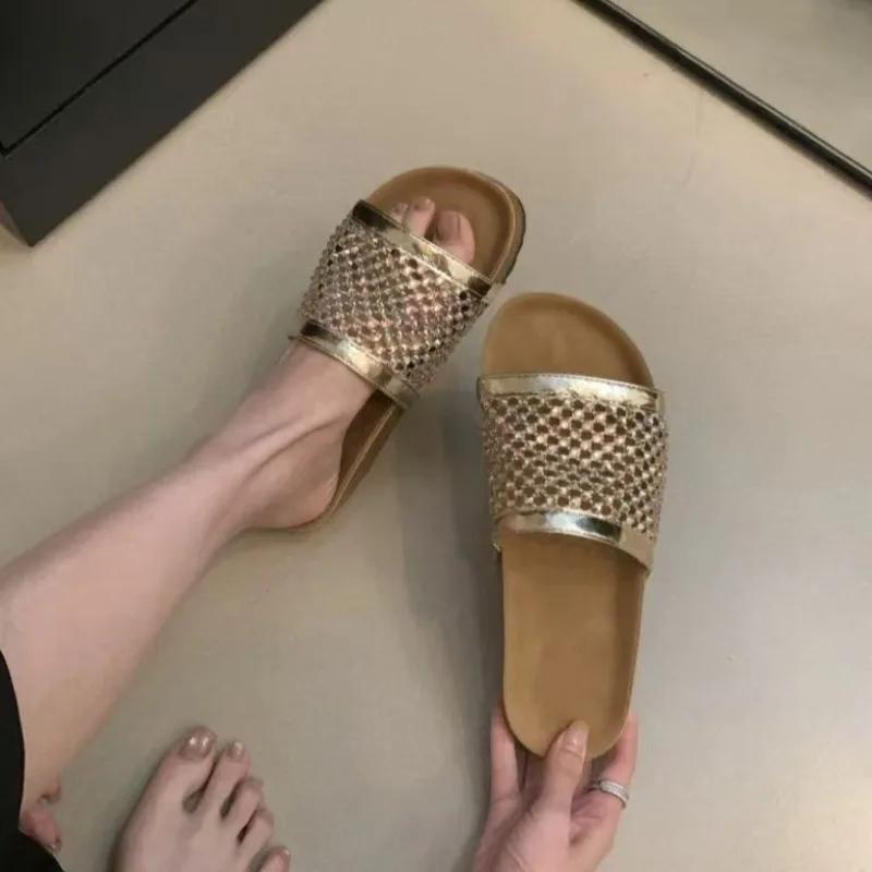 Fashion Women's Rhinestone Vintage Mesh Platform Slip Slipper Summer Fashion Outside Rhinestone Flat Slipper Slipper