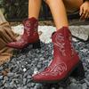 Women Western Boots Autumn Winter Fashion Pointed Toe Shoes Embroidered Style Square Heel Mid-Calf Knight Boots Plus Size Shoes