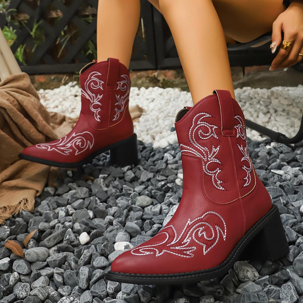 Women Western Boots Autumn Winter Fashion Pointed Toe Shoes Embroidered Style Square Heel Mid-Calf Knight Boots Plus Size Shoes
