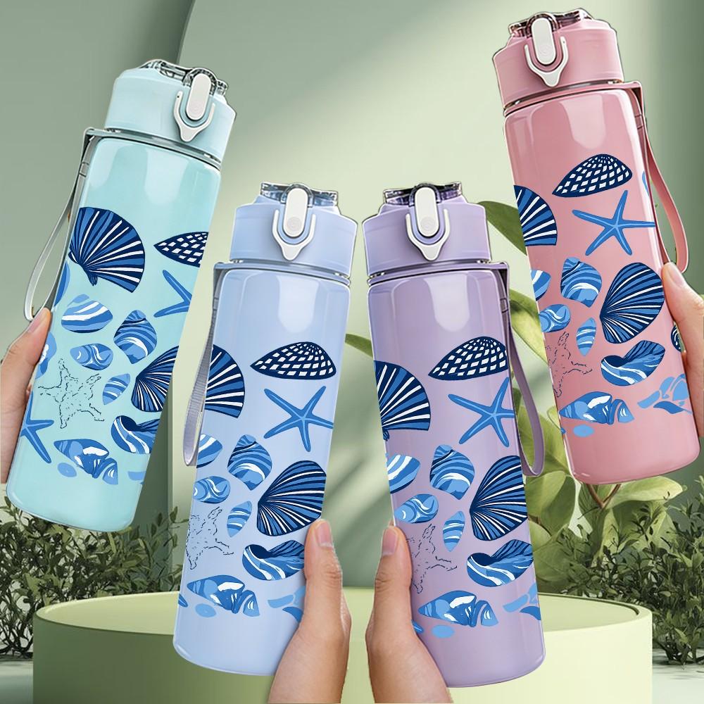 1PC Blue Seashell Starfish Pattern 750ml Color Plastic Sports Water Bottle Leakproof Flip Straw Lid Suitable for Sports Office Home Use