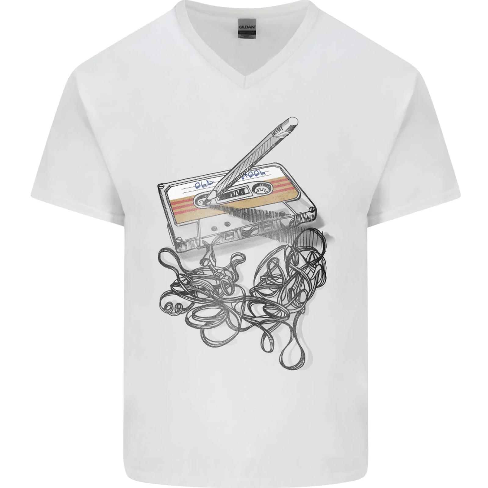 Old School Tape Cassette Music 80s 90s Mens VNeck Cotton T-shirt S