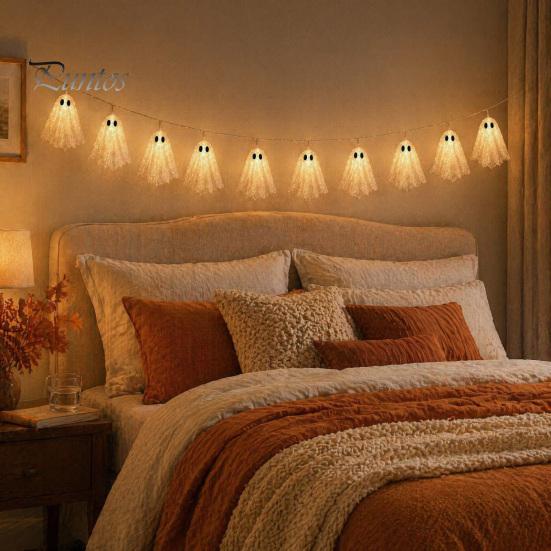 Cute Ghost Ornaments for Bedroom 6.6FT Halloween Light Up Garland, Lace LED Fairy String Light, Warm White Lights Home Spooky Hanging Bunting