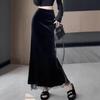Eleganter schwarzer High-Waist-Midi-Rock aus Samt mit Spitze und Schlitz für Damen