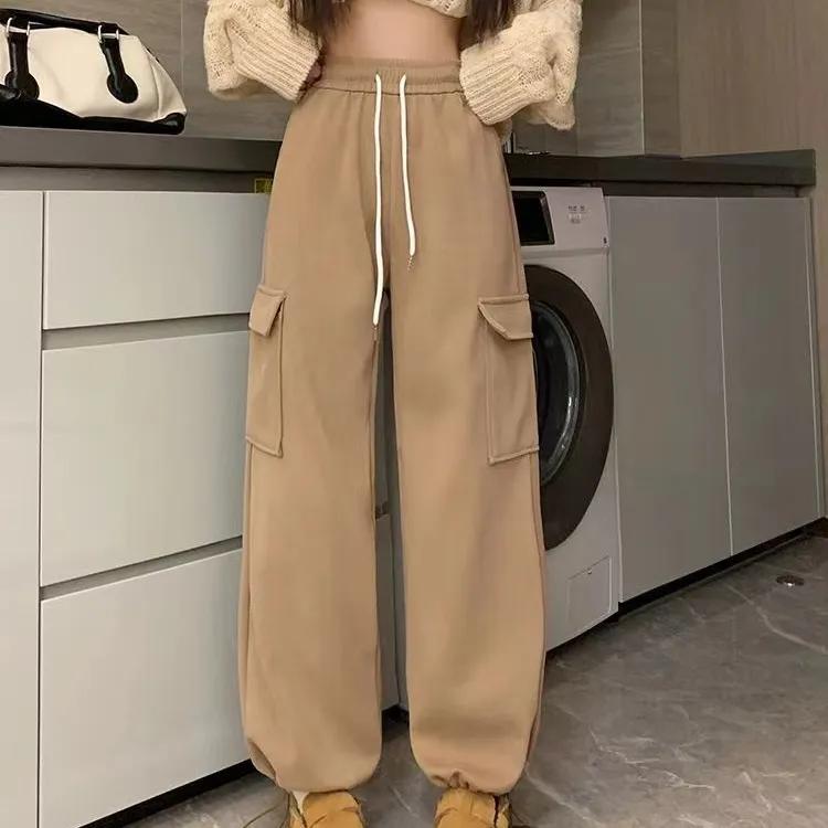 

Женские осенне-зимние однотонные свободные рабочие брюки с высокой талией, весенние повседневные спортивные брюки с завязками XXS хаки