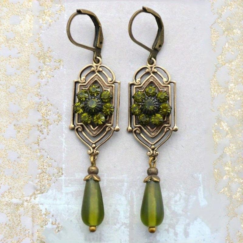 Art Nouveau Decorative Earrings Green Zirconia Antique Gold Color Boho Style for Daily Occasion Party