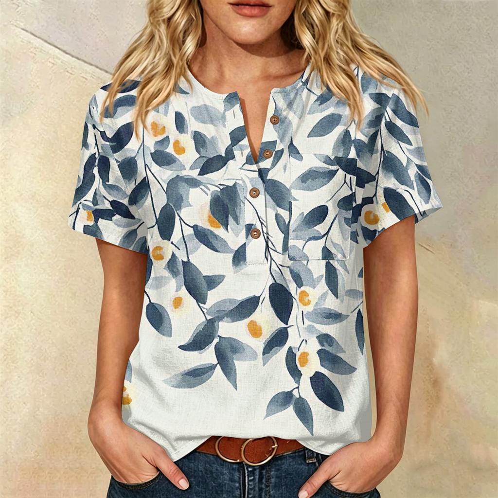 Damen Freizeit Hemd mit Print, Henley-Knopfleiste, kurzen Ärmeln, Baumwoll-Leinen-Mischung und Brusttasche für den Sommerlichen Alltagsgebrauch