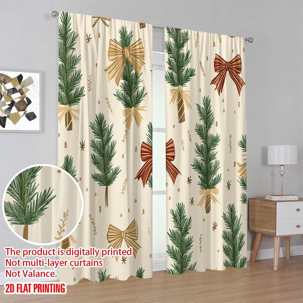2pcs,2D Plane Printing Window Curtain Christmas Trees Bows Holiday_a Polyester Fabric (without Rod) Versatile All for Living