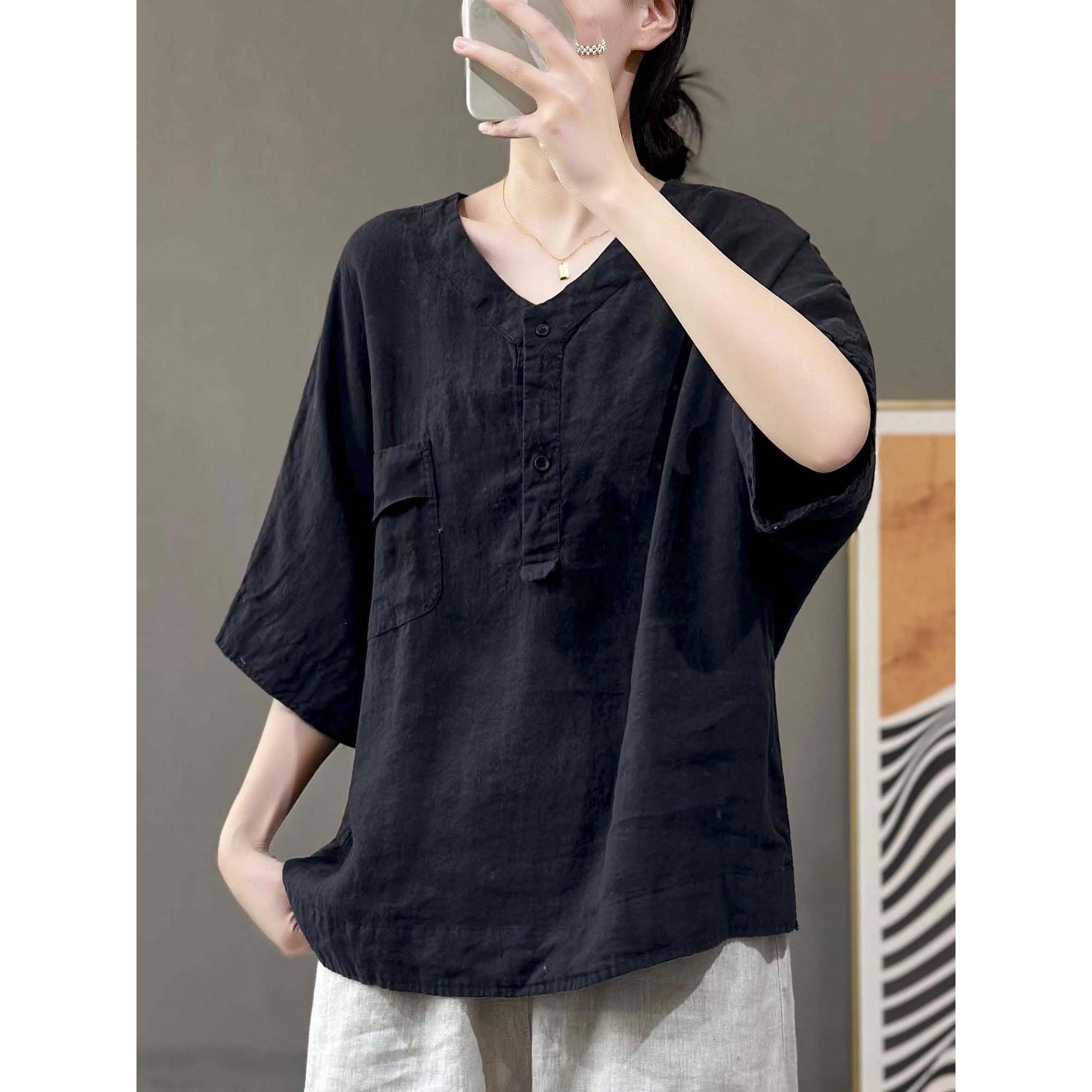 

Летняя женская футболка из хлопка и льна с V-образным вырезом и короткими рукавами, однотонная футболка в стиле ретро с короткими рукавами и карманами S чёрный