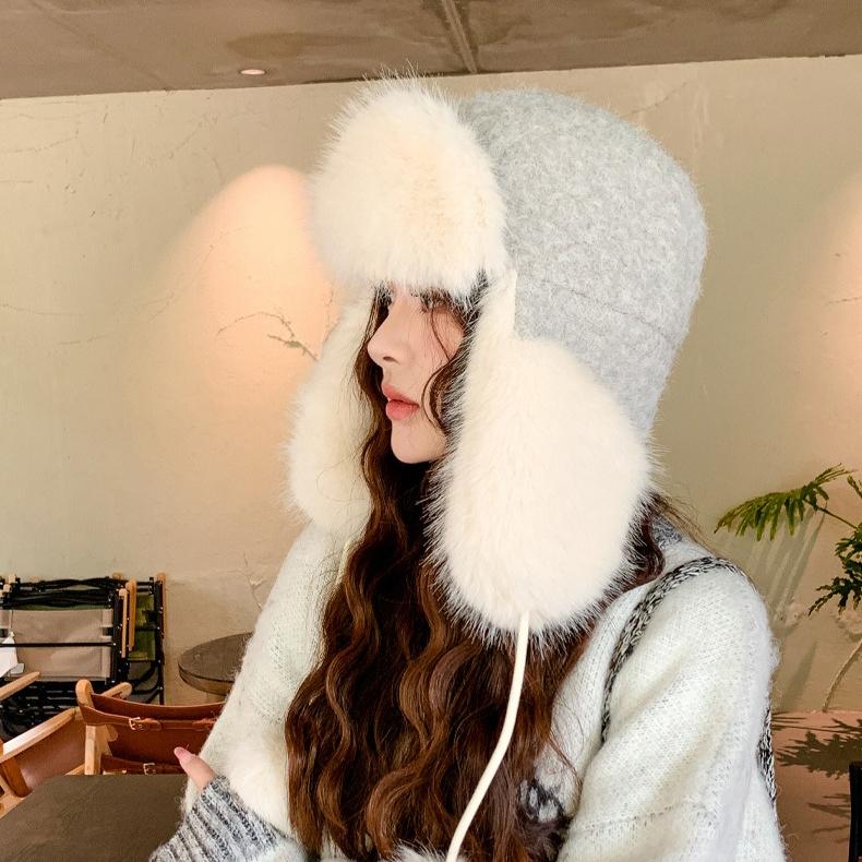 Winter Imitation Mink Fluff Hat Female Cute Hairball Lei Feng Hat Winter Cold and Warm Thickened Ear Protector New