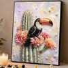 Relaxing DIY Pearl Painting Kit Framed with Toucan Cactus Design 5D Sparkling Bead Canvas Craft for Girls Bedroom Decor Art Gift
