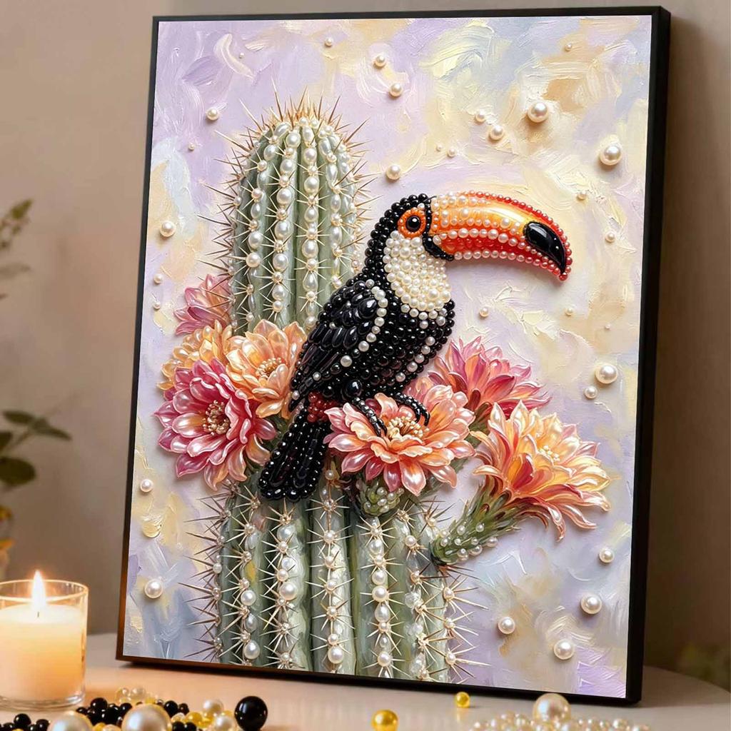 Relaxing DIY Pearl Painting Kit Framed with Toucan Cactus Design 5D Sparkling Bead Canvas Craft for Girls Bedroom Decor Art Gift