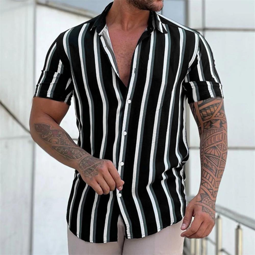 New Men's Striped Print Shirt, Casual Short Sleeve Turn-down Collar Summer Tops