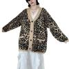 European and American cross-border leopard print contrasting sweater cardigan women's autumn and winter new rough edge top loose lazy style knitted 