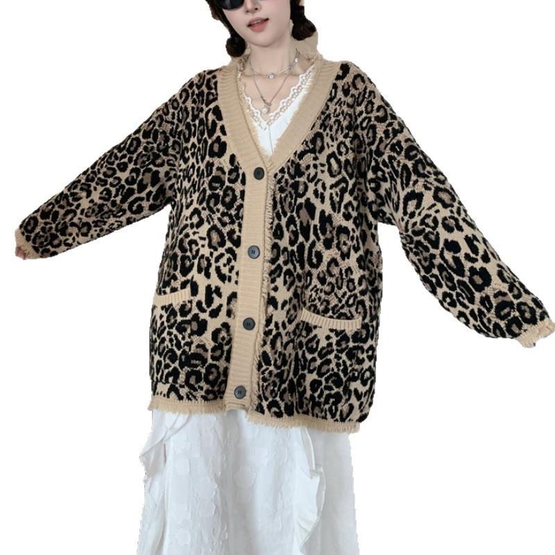 European and American cross-border leopard print contrasting sweater cardigan women's autumn and winter new rough edge top loose lazy style knitted