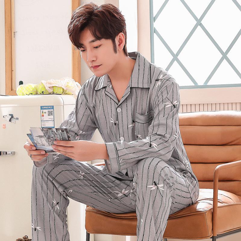 Pijama Erkek Uzun Kollu Pamuklu İlkbahar ve Sonbahar Pijamaları Erkekler için Sonbahar ve Kış Gençlik ve Orta Yaşlı İnce Yazlık Ev Giyimi Takım Elbiseler