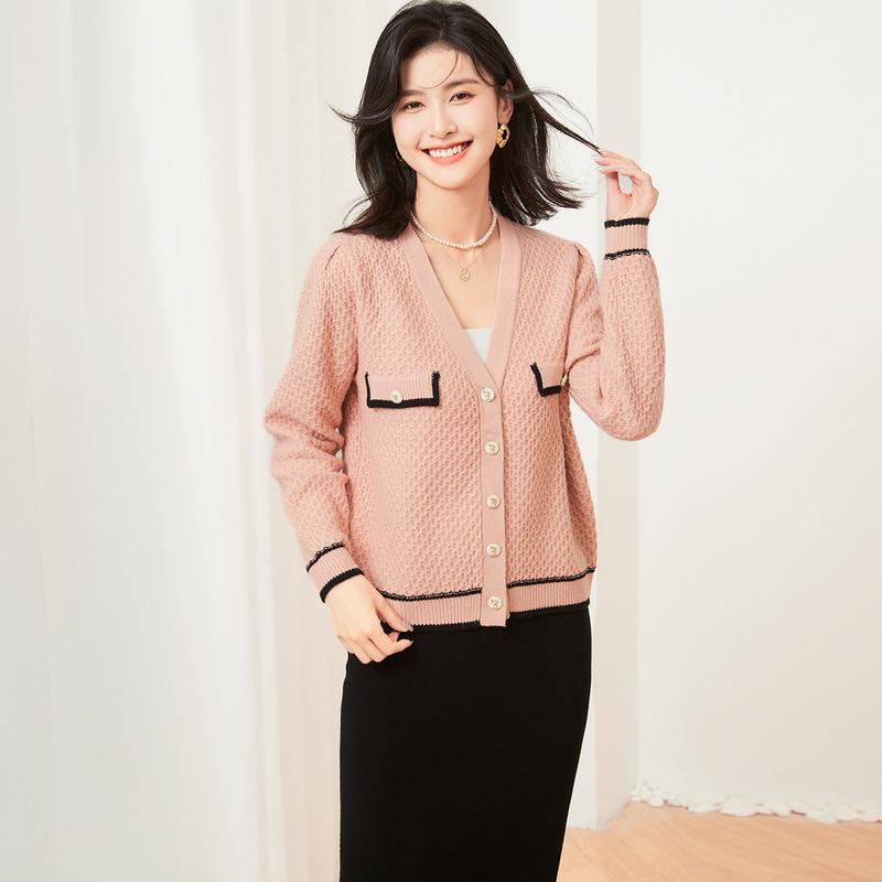 Spring and Autumn Solid Color V-Neck Long-Sleeved Jacket with Contrasting Design Women's Knitted Sweater