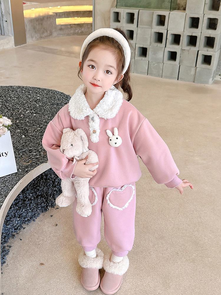 2025 New Style Baby Girls' Fleece-Lined Cartoon Outfit - Thickened Autumn/Winter Fashion