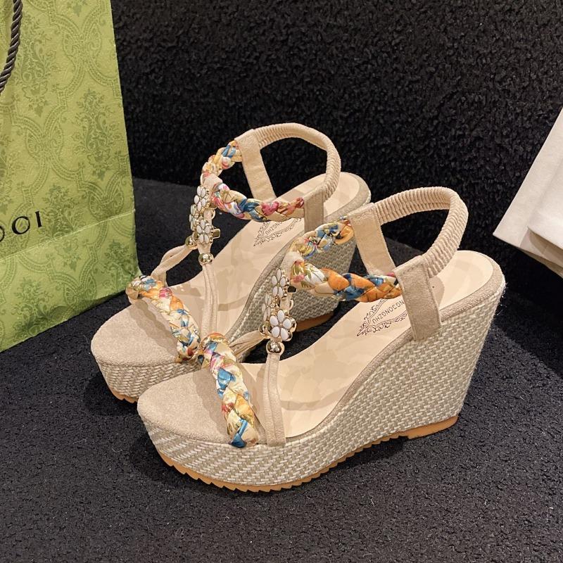 

Large size elastic band wedge sandals women s spring and summer new fashion high-heeled muffin fashion sandals 42 бежевый