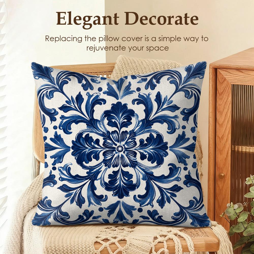 Blue Porcelain Motifs Cushion Cover Natural Linen Organic Fabric DoubleSided Printing Sofa Home Decor Gift Pillow Cover