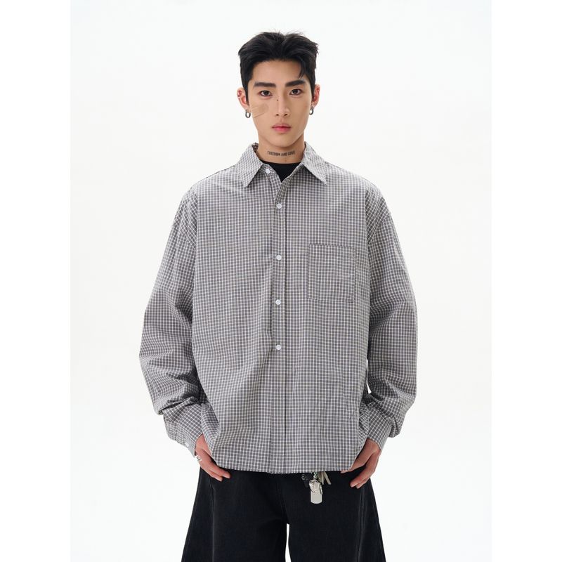 Kisko American Retro Casual Loose Blue Plaid Long-Sleeved Shirt for Men and Women Spring Simple Basic Shirt Jacket
