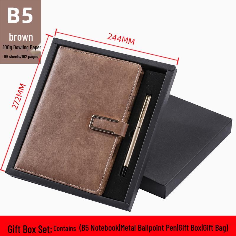 Men's Business Notebook with Printed Pages, Leather Cover, Magnetic Buckle, and Pen Holder. Perfect for Meeting Minutes and Office Use.