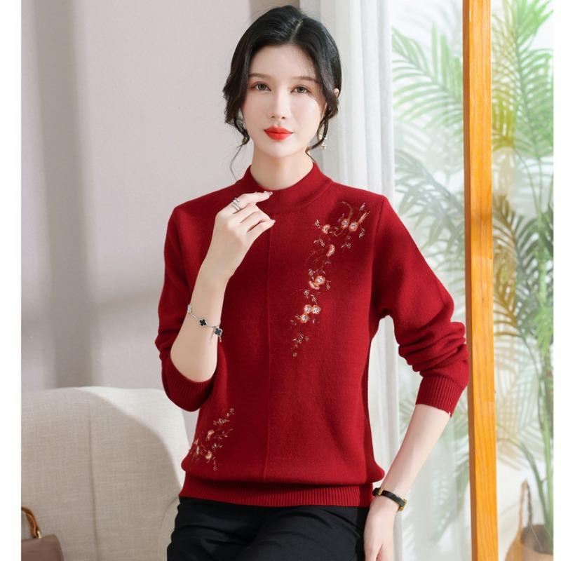 New middle-aged and elderly women's semi-turtleneck warm knitted jacquard bottoming shirt mother sweater piled and thickened autumn and winter