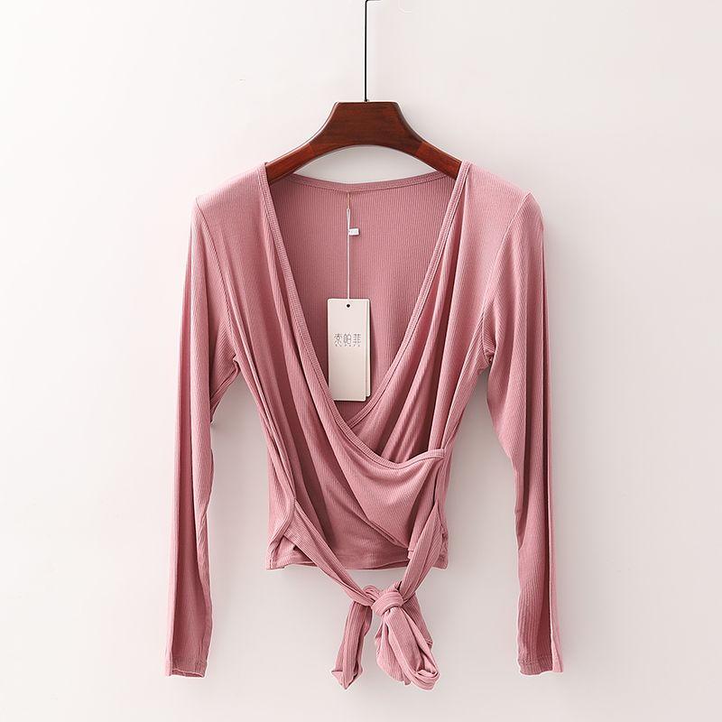

[Qiao] Shopping Mall Brand Discount Women s Clothing V Neck Double Lapel Lace-up Long Sleeve Silm Yoga Dance T-shirt 3o010 Lotus root starch 2XL/175