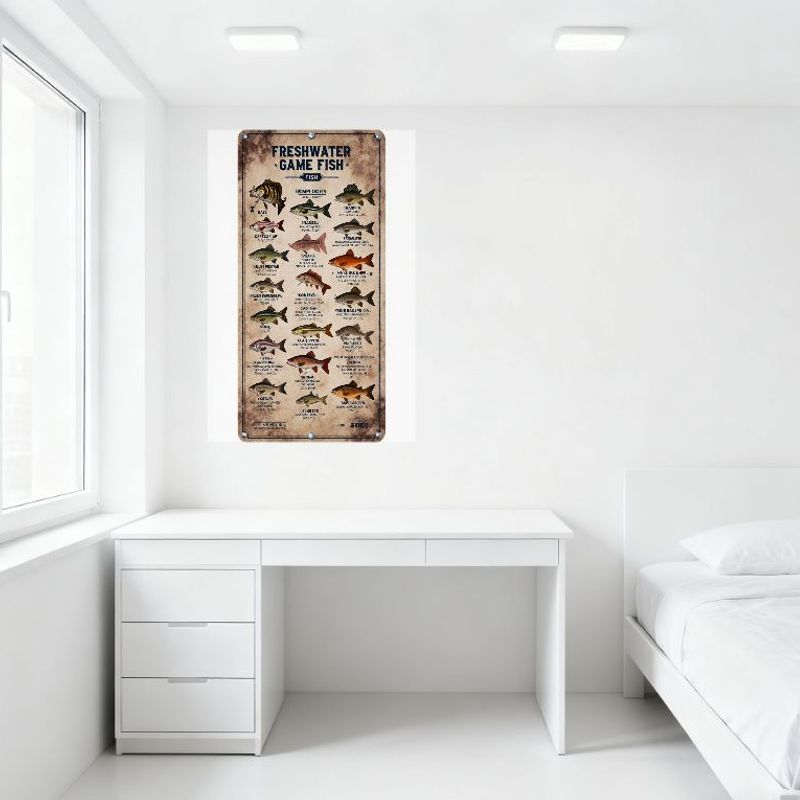 Vintage Freshwater Game Fish Metal Tin Sign with 15 Fish Illustrations - 1956 Logo, Rustic Fishing Decor for Man Cave, Bar, Home
